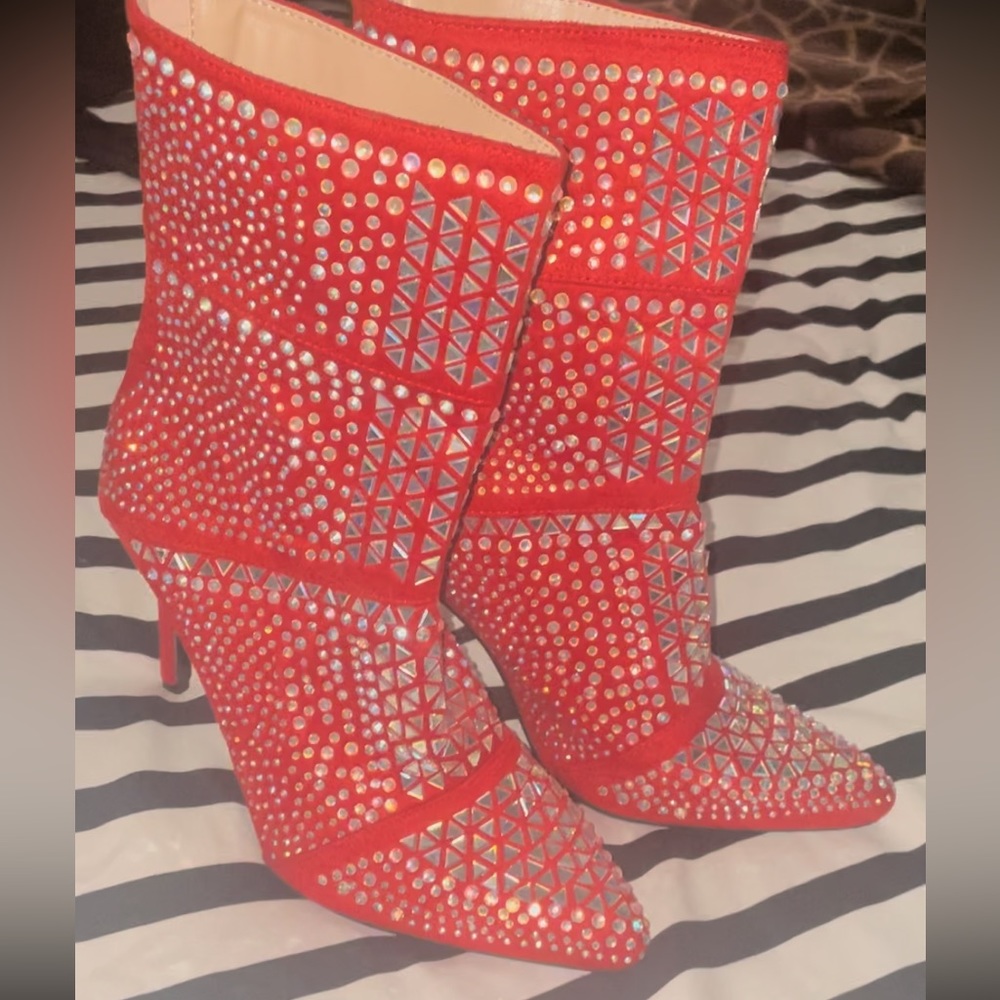 NWOT Bedazzled Red mid calf booties